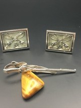 Swank Cufflinks &amp; Tie Bar Clip Set Vintage Fishing Rod Silver Tone - $14.84