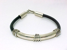 STERLING Silver and Black LEATHER Cord BRACELET - MEXICO - 7 inches long - £47.96 GBP