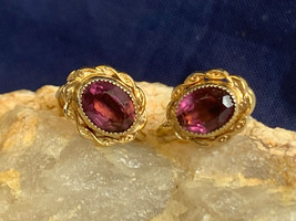 Vtg Yellow Gold Filled Earrings Fashion Jewelry Amethyst Color Stones Sc... - £31.15 GBP
