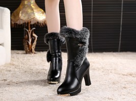Hot 2021 New High-end Real Rabbit  Cowhide Winter Shoes Woman Boots High-heels M - £82.56 GBP