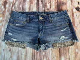 American Eagle Size 12 Low Rise Blue Jean Distressed Denim Shortie Short... - $23.74