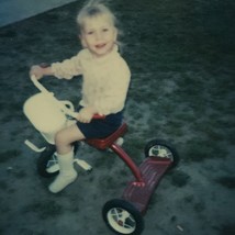 Vintage 70s PHOTO Polaroid Little Girl On Red Trike With Basket Smiling - £6.37 GBP