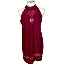 Alya Boho Embroidered Halter Faux Suede Mini Dress Size Medium Burgundy - £17.79 GBP