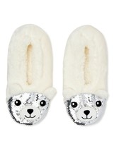 Fuzzy Babba&#39;s Women&#39;s Slipper Socks Sequin Silver White Bear Size 7-9.5 New - £11.89 GBP