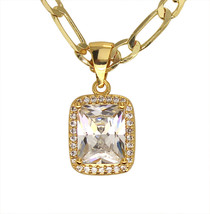 Womens Solitaire CZ Pendant with 20&quot; Figaro Necklace 14k Gold Plated Jewelry - £7.54 GBP