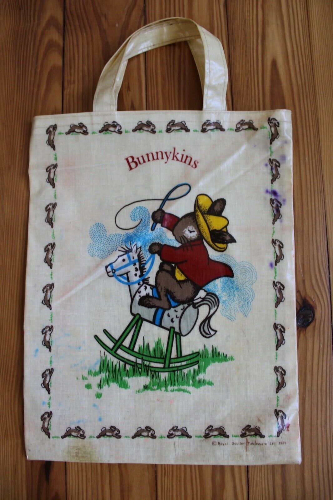 Vtg 80s Royal Doulton Bunnykins PVC Coated Cotton Mini Tote Bag 9.5x12.5 - $17.10