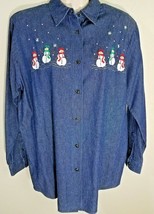 Karen Scott Embroidered Snowman Denim Blouse Button Down Long Sleeve Sz ... - £7.89 GBP