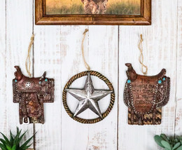 Set of 3 Rustic Western Star Ropes Circle Tooled Leather Horse Saddles Ornaments - £18.53 GBP