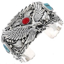 Navajo Big Boy Turquoise Coral Eagle Bracelet Sterling Silver Mens Cuff LRG s8-9 - £695.47 GBP+