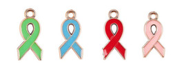 4 Cancer Awareness Charms Enamel Ribbon Pendants Gold Green Blue Red Pink Mix - £2.73 GBP