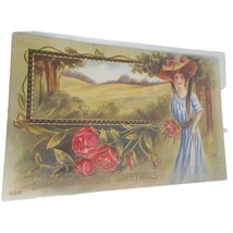 Vintage Postcard woman 1900s Birthay greetings floral pretty lady embossed - $111.60 MXN