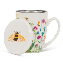 Bee Flower Garden Covered Mug with Strainer 12 oz Bone China 4.5" High with Lid image 2