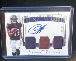 2019 National Treasures NFL Gear Justice Hill Triple Jersey Ball AUTO #85/99 - £37.09 GBP