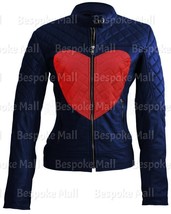New Woman&#39;s Love Blue Red Heart Quilted Cowhide Motorbike Leather Jacket... - $167.39+
