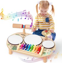 Kids Drum Set For Toddlers,8 In 1 Montessori Musical Instruments,Wooden - £34.59 GBP