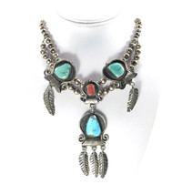 Navajo Squash Blossom Turquoise Coral Silver Necklace Vintage Native American - £601.37 GBP