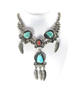 Navajo Squash Blossom Turquoise Coral Silver Necklace Vintage Native Ame... - $750.00