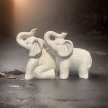 VTG Set White Trunk Up Elephant Salt and Pepper Shakers Gold Accents - $9.89