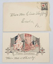 VTG 1930&#39;s Merry Christmas Greeting Card Couples Dancing Around Tree USA  - £7.42 GBP