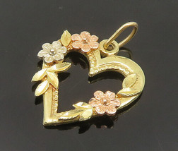 14K GOLD - Vintage Shiny Petite Two Tone Floral Love Heart Pendant - GP301 - £109.43 GBP