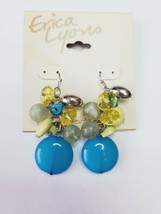 Erica Lyons Silver Tone French Wire Drop Earrings Blue Round Yellow Green Beads - £10.57 GBP