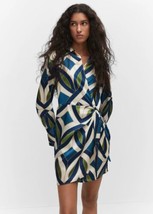 MANGO Satin Wrap Dress Long Sleeve Green Blue Italian Fabric Size 4 - $53.16