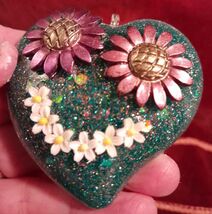 Whimsy Daisy Face Large Hear Pendant Unique Mixed Media Gifting Flower N... - $9.99
