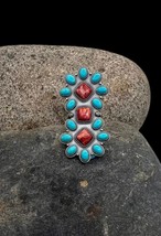Navajo Sterling Silver Sleeping Beauty Turquoise Spiny Oyster Cluster Ring 7.75 - £243.58 GBP