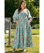 Green Plus Size Floral Print Square Neck Smocked Maxi Dress - $43.66