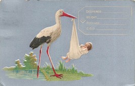 Stork Carrying Baby In Blanket SLING~1908 Birth Announcement Embossed Postcard - £7.20 GBP