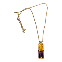 Roman Gold Tone Necklace with Purple &amp; Yellow Rhinestone Rectangular Pendant Vtg - £12.68 GBP