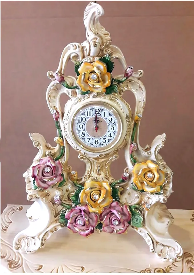 Table Clock Floral Italian Porcelain Capodimonte with gold ornament H 24 13/16in - £336.79 GBP