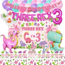 Dinosaur Birthday Party Supplies For 3 Year Old Girl, Three Rex Pink Dinosaur Di - £35.16 GBP