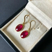 14k Yellow Gold Plated 2.00Ct oval Cut Lab Created Red Ruby Drop/Dangle Earrings - $118.79
