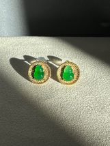 18K Gold Grade A Jadeite Jade Earrings gourd round Stud Earrings Diamond Earring - £749.71 GBP