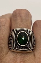 Vintage Green Emerald Glass 925 Sterling Silver Deco Men’s Ring - £94.93 GBP