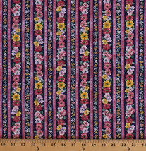 Cotton Pink Floral Stripe on Navy Blue Woodside Blossom Fabric Print BTY D152.09 - $10.95