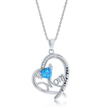 Silver &#39;I Love You, Mom&#39; Angel Wing, CZ Heart Pendant - Blue Opal - £44.79 GBP