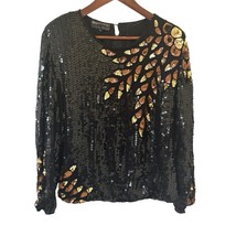 Vintage Womens Top Black Gold Sequin L 100% Silk Evening Glam Bohemian R... - $29.99