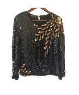 Vintage Womens Top Black Gold Sequin L 100% Silk Evening Glam Bohemian R... - $29.99