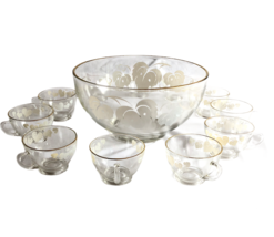  Anchor Hocking Punch Bowl Grape Leaves 11 Cups All with Gold Rims Vinta... - £35.59 GBP