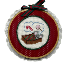 Completed Framed Cross Stitch Christmas Ornament Mouse Dreaming of Candy Canes - $20.38