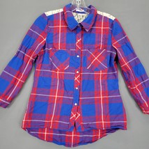 Bongo Women Shirt Size M Blue Preppy Plaid Retro Lace Classic Button 3/4 Sleeves - £8.61 GBP