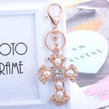 Fashion crystal keychain pearl gold cross key ring bag pendant charm jewelry - £11.00 GBP