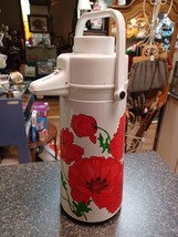 Vtg Vacuum Pump Thermos Air Pot Drink Dispenser Red Poppy Flowers - £23.73 GBP