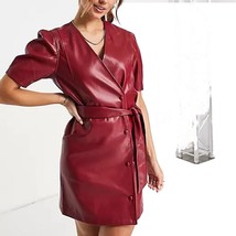 Women Leather Dress Belted Waist Red Genuine Lambskin Handmade Casual Party - £124.83 GBP