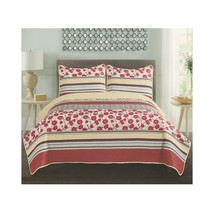 Floral Quilt 3-pc Bedspread Set   Red Poppy Flowers &amp; Stripes Full/Queen... - £56.64 GBP