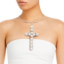 Clear Crystal Rhinestone Cross Pendant Silver Collar Religious Necklace Set 20&quot; - £39.40 GBP