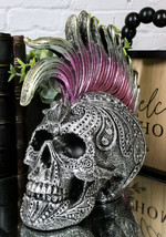 Silver Mohawk Purple Punk Haired Skull In Tooled Peacock Feathers Tattoo Statue - £23.58 GBP