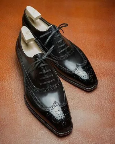 Handmade Men&#39;s Black Cowhide Leather Wingtip Brogue Shoes, Formal Dress ... - £126.12 GBP